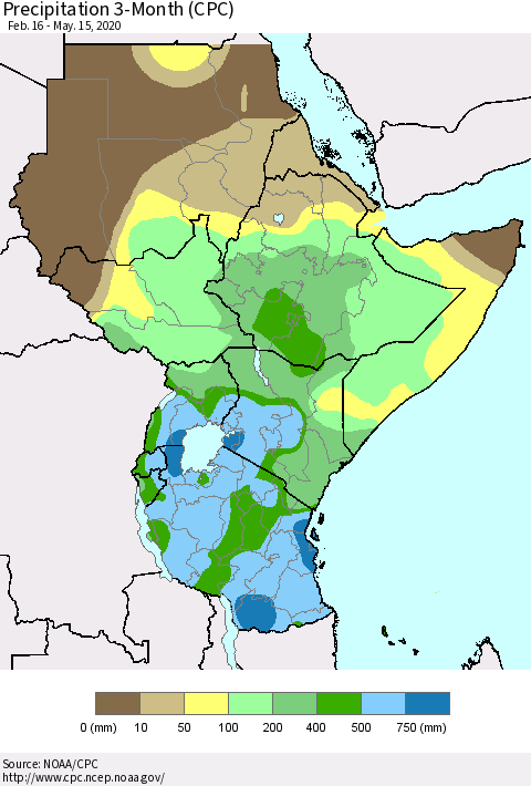 Eastern Africa Precipitation 3-Month (CPC) Thematic Map For 2/16/2020 - 5/15/2020