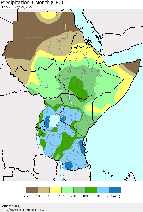 Eastern Africa Precipitation 3-Month (CPC) Thematic Map For 2/21/2020 - 5/20/2020