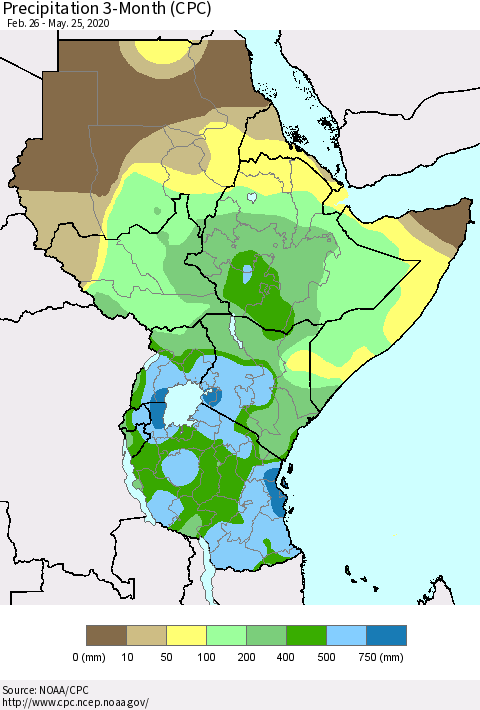 Eastern Africa Precipitation 3-Month (CPC) Thematic Map For 2/26/2020 - 5/25/2020