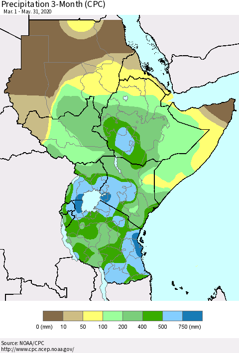 Eastern Africa Precipitation 3-Month (CPC) Thematic Map For 3/1/2020 - 5/31/2020