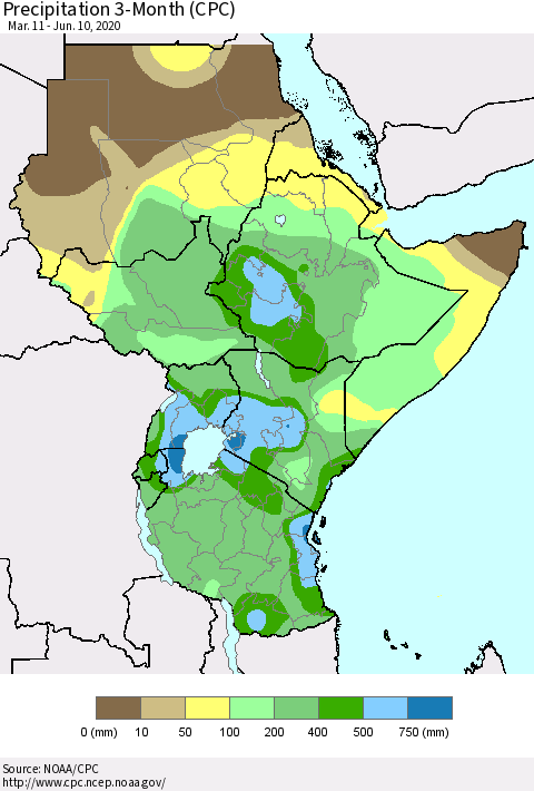 Eastern Africa Precipitation 3-Month (CPC) Thematic Map For 3/11/2020 - 6/10/2020