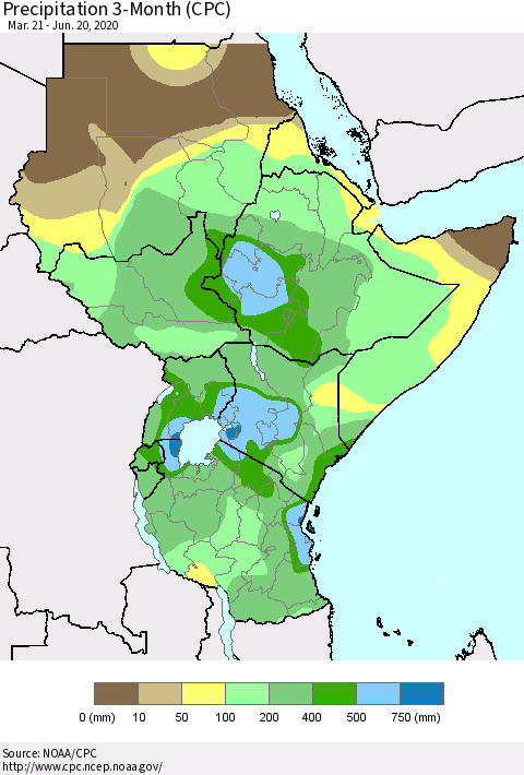 Eastern Africa Precipitation 3-Month (CPC) Thematic Map For 3/21/2020 - 6/20/2020