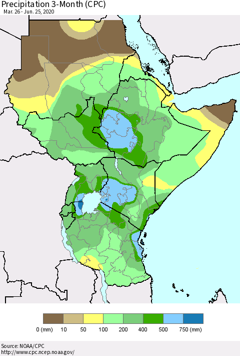Eastern Africa Precipitation 3-Month (CPC) Thematic Map For 3/26/2020 - 6/25/2020