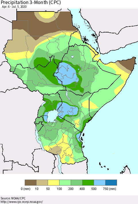 Eastern Africa Precipitation 3-Month (CPC) Thematic Map For 4/6/2020 - 7/5/2020