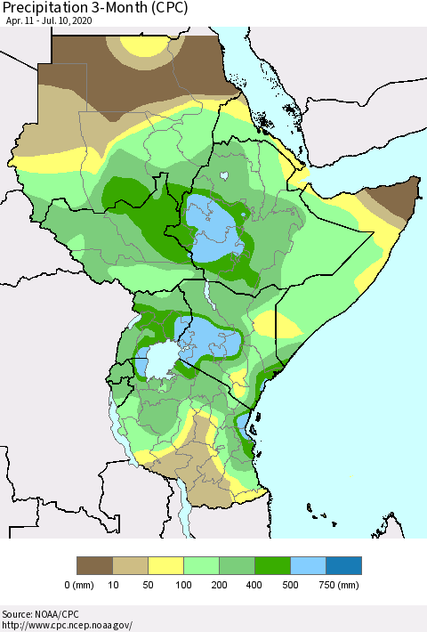 Eastern Africa Precipitation 3-Month (CPC) Thematic Map For 4/11/2020 - 7/10/2020