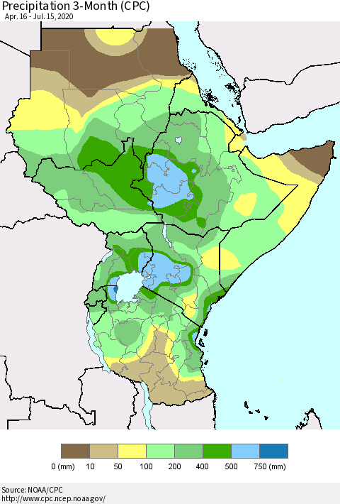 Eastern Africa Precipitation 3-Month (CPC) Thematic Map For 4/16/2020 - 7/15/2020