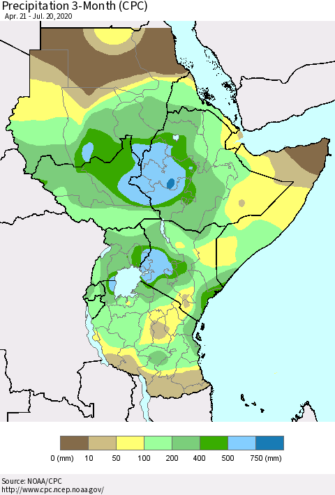 Eastern Africa Precipitation 3-Month (CPC) Thematic Map For 4/21/2020 - 7/20/2020