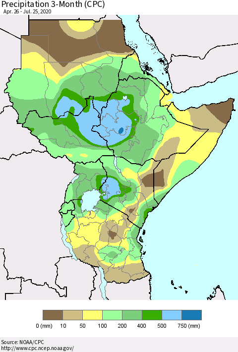 Eastern Africa Precipitation 3-Month (CPC) Thematic Map For 4/26/2020 - 7/25/2020