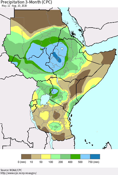 Eastern Africa Precipitation 3-Month (CPC) Thematic Map For 5/11/2020 - 8/10/2020