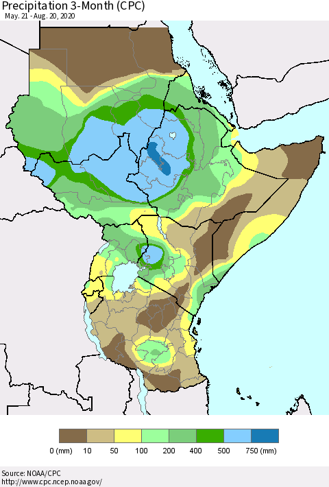 Eastern Africa Precipitation 3-Month (CPC) Thematic Map For 5/21/2020 - 8/20/2020