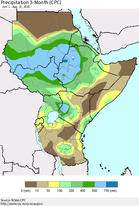 Eastern Africa Precipitation 3-Month (CPC) Thematic Map For 6/1/2020 - 8/31/2020