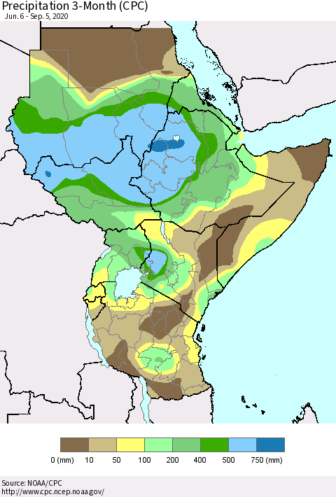 Eastern Africa Precipitation 3-Month (CPC) Thematic Map For 6/6/2020 - 9/5/2020