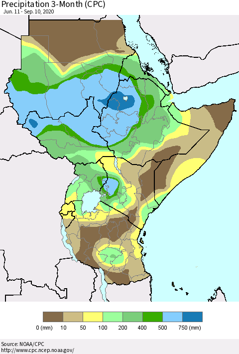 Eastern Africa Precipitation 3-Month (CPC) Thematic Map For 6/11/2020 - 9/10/2020