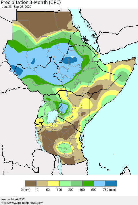 Eastern Africa Precipitation 3-Month (CPC) Thematic Map For 6/26/2020 - 9/25/2020
