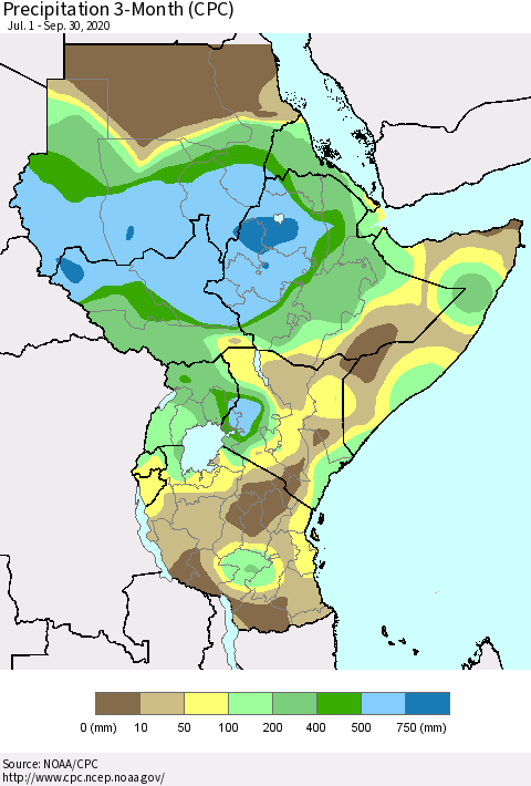Eastern Africa Precipitation 3-Month (CPC) Thematic Map For 7/1/2020 - 9/30/2020