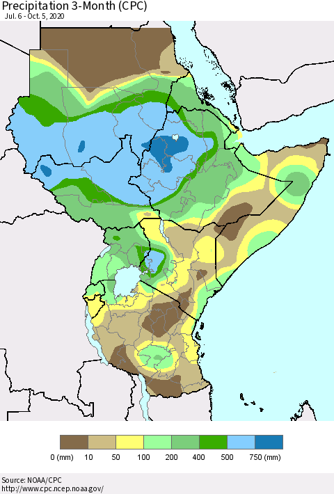 Eastern Africa Precipitation 3-Month (CPC) Thematic Map For 7/6/2020 - 10/5/2020