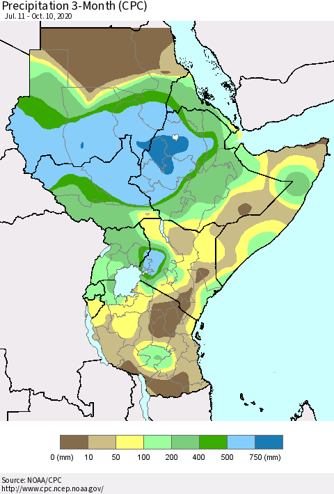 Eastern Africa Precipitation 3-Month (CPC) Thematic Map For 7/11/2020 - 10/10/2020