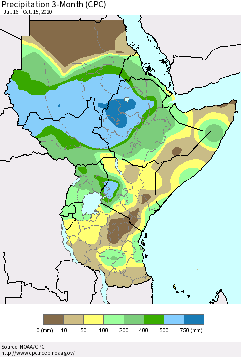 Eastern Africa Precipitation 3-Month (CPC) Thematic Map For 7/16/2020 - 10/15/2020
