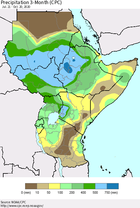 Eastern Africa Precipitation 3-Month (CPC) Thematic Map For 7/21/2020 - 10/20/2020