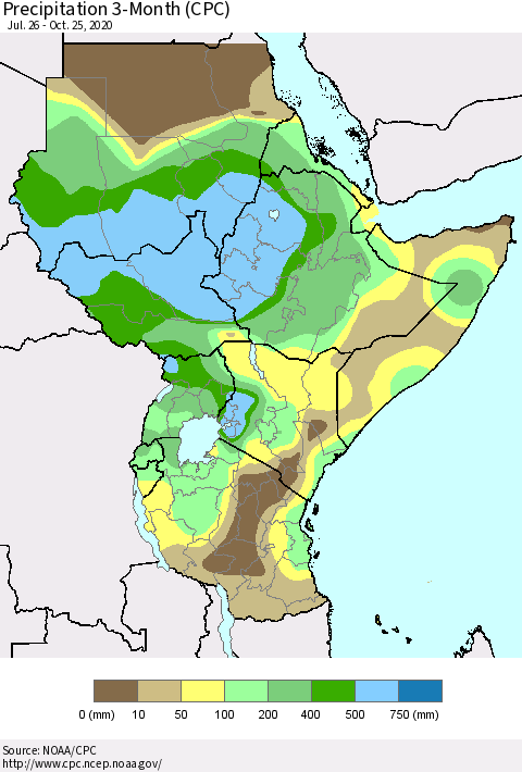 Eastern Africa Precipitation 3-Month (CPC) Thematic Map For 7/26/2020 - 10/25/2020