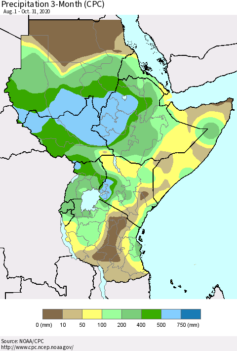Eastern Africa Precipitation 3-Month (CPC) Thematic Map For 8/1/2020 - 10/31/2020