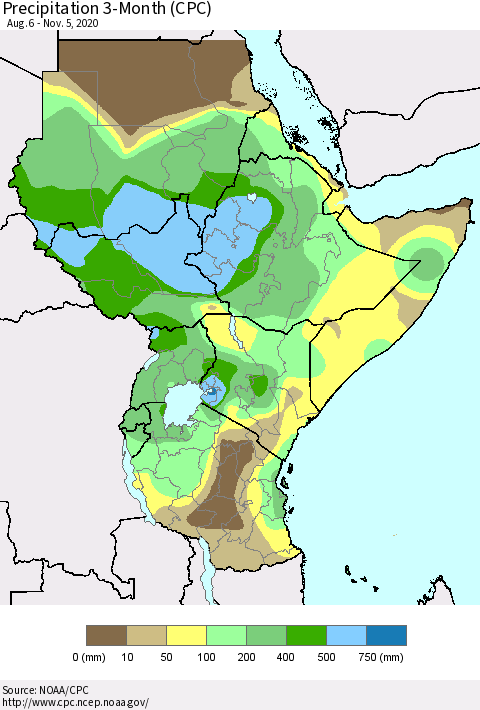 Eastern Africa Precipitation 3-Month (CPC) Thematic Map For 8/6/2020 - 11/5/2020