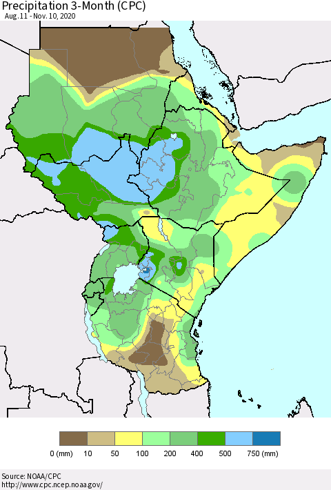 Eastern Africa Precipitation 3-Month (CPC) Thematic Map For 8/11/2020 - 11/10/2020