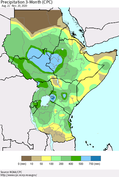 Eastern Africa Precipitation 3-Month (CPC) Thematic Map For 8/21/2020 - 11/20/2020