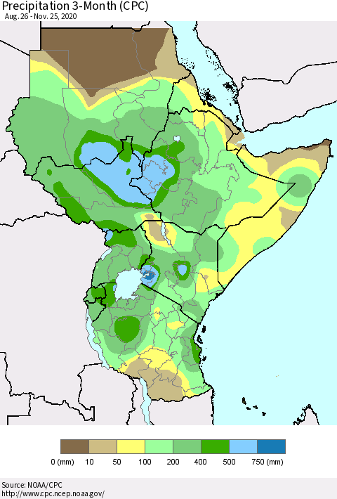 Eastern Africa Precipitation 3-Month (CPC) Thematic Map For 8/26/2020 - 11/25/2020