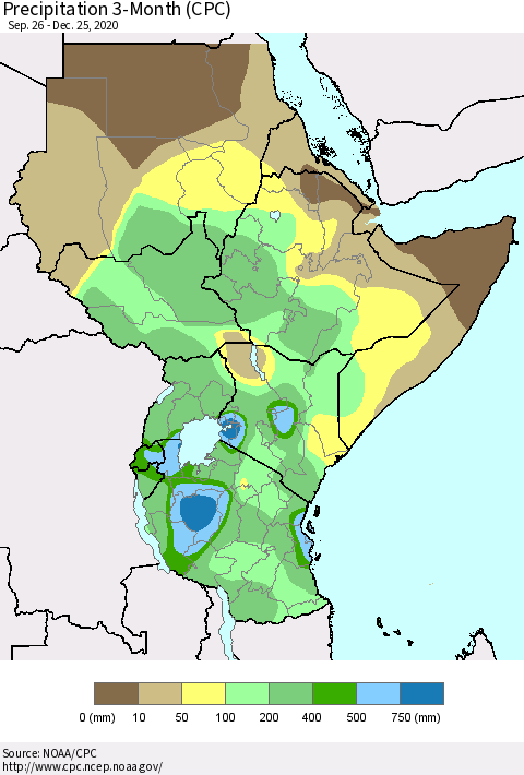 Eastern Africa Precipitation 3-Month (CPC) Thematic Map For 9/26/2020 - 12/25/2020