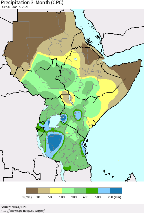 Eastern Africa Precipitation 3-Month (CPC) Thematic Map For 10/6/2020 - 1/5/2021