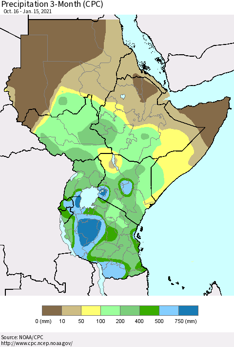 Eastern Africa Precipitation 3-Month (CPC) Thematic Map For 10/16/2020 - 1/15/2021