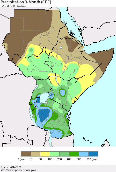 Eastern Africa Precipitation 3-Month (CPC) Thematic Map For 10/21/2020 - 1/20/2021