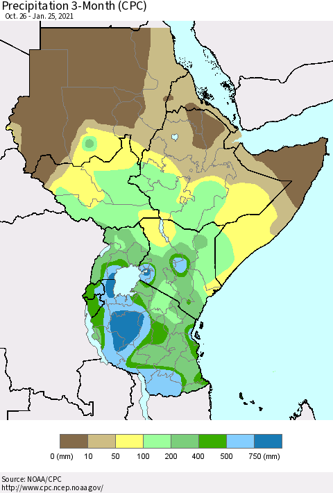 Eastern Africa Precipitation 3-Month (CPC) Thematic Map For 10/26/2020 - 1/25/2021