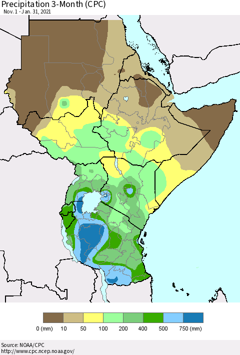 Eastern Africa Precipitation 3-Month (CPC) Thematic Map For 11/1/2020 - 1/31/2021