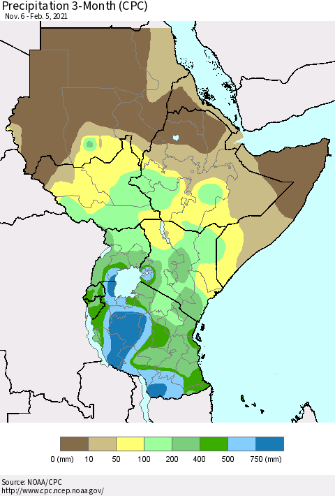 Eastern Africa Precipitation 3-Month (CPC) Thematic Map For 11/6/2020 - 2/5/2021