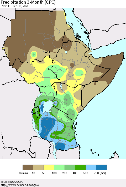 Eastern Africa Precipitation 3-Month (CPC) Thematic Map For 11/11/2020 - 2/10/2021