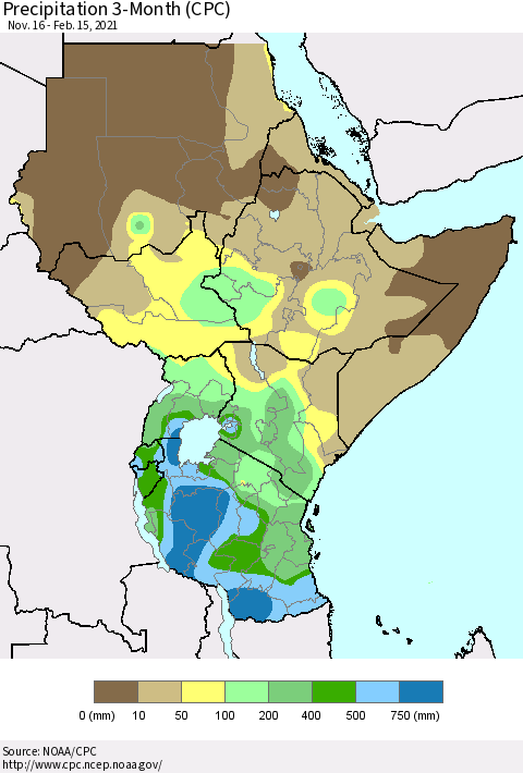 Eastern Africa Precipitation 3-Month (CPC) Thematic Map For 11/16/2020 - 2/15/2021