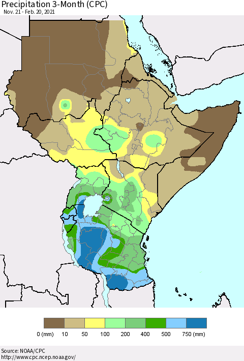 Eastern Africa Precipitation 3-Month (CPC) Thematic Map For 11/21/2020 - 2/20/2021