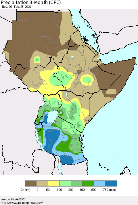 Eastern Africa Precipitation 3-Month (CPC) Thematic Map For 11/26/2020 - 2/25/2021