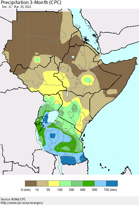 Eastern Africa Precipitation 3-Month (CPC) Thematic Map For 12/21/2020 - 3/20/2021