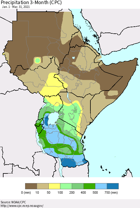 Eastern Africa Precipitation 3-Month (CPC) Thematic Map For 1/1/2021 - 3/31/2021