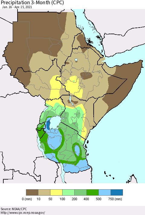 Eastern Africa Precipitation 3-Month (CPC) Thematic Map For 1/16/2021 - 4/15/2021