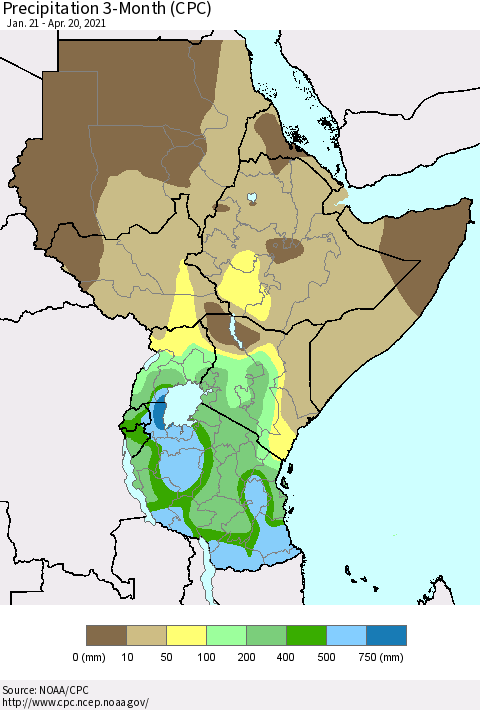 Eastern Africa Precipitation 3-Month (CPC) Thematic Map For 1/21/2021 - 4/20/2021