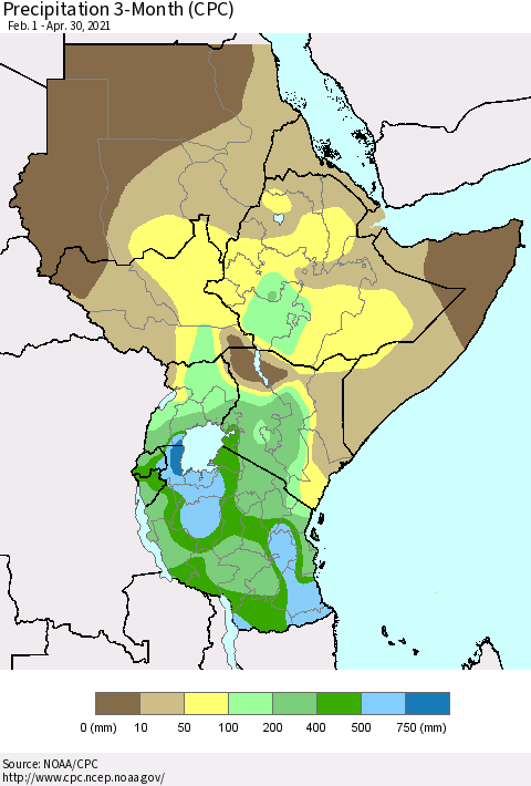 Eastern Africa Precipitation 3-Month (CPC) Thematic Map For 2/1/2021 - 4/30/2021