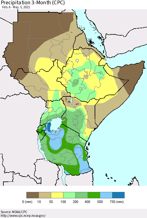 Eastern Africa Precipitation 3-Month (CPC) Thematic Map For 2/6/2021 - 5/5/2021