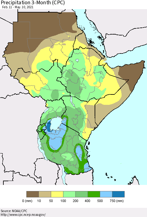 Eastern Africa Precipitation 3-Month (CPC) Thematic Map For 2/11/2021 - 5/10/2021