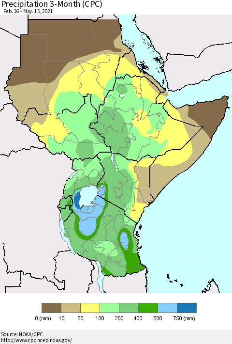 Eastern Africa Precipitation 3-Month (CPC) Thematic Map For 2/16/2021 - 5/15/2021