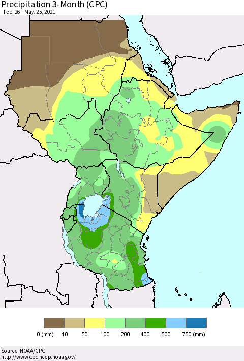 Eastern Africa Precipitation 3-Month (CPC) Thematic Map For 2/26/2021 - 5/25/2021