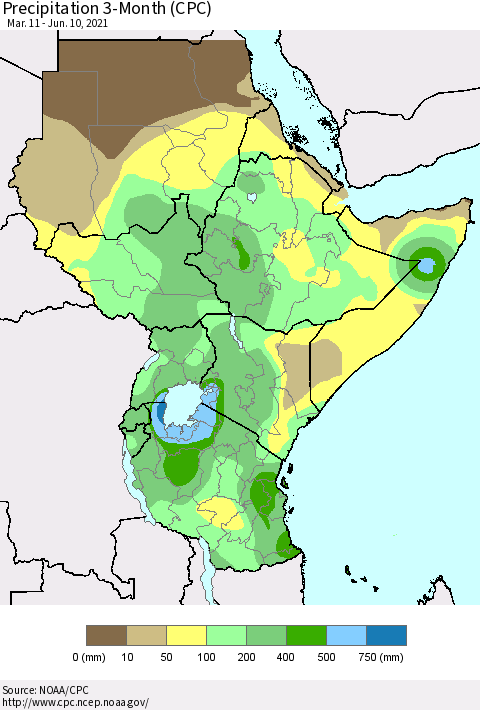 Eastern Africa Precipitation 3-Month (CPC) Thematic Map For 3/11/2021 - 6/10/2021